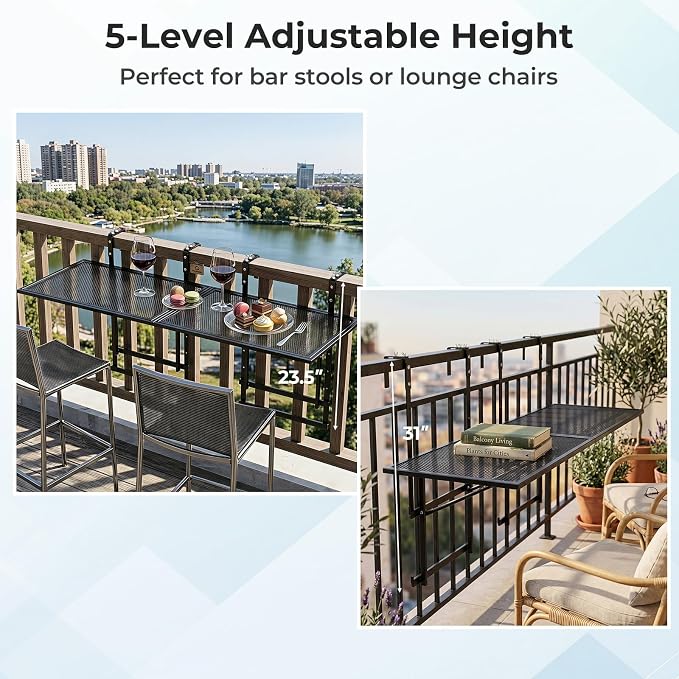 Giantex 48" Balcony Railing Table, 2-Piece Connectable Metal Folding Hanging Bar Table with 5-Level Adjustable Height, Fit 1.5"-3.5" Round/Square Railing, Outdoor Side Desk for Patio & Deck