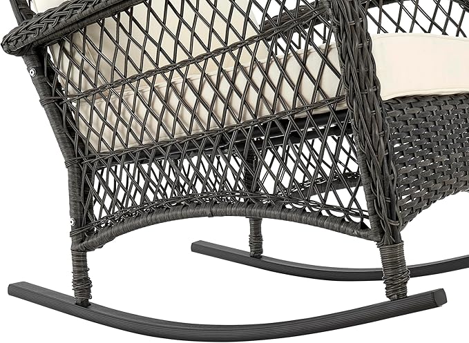 Manhattan Comfort Fruttuo Outdoor Rocking Chair with Removable Waterproof Cushions, Made of Steel Rattan, Weather-Resistant Patio Rocker with Curved Edge and Sturdy Steel Frame, Cream