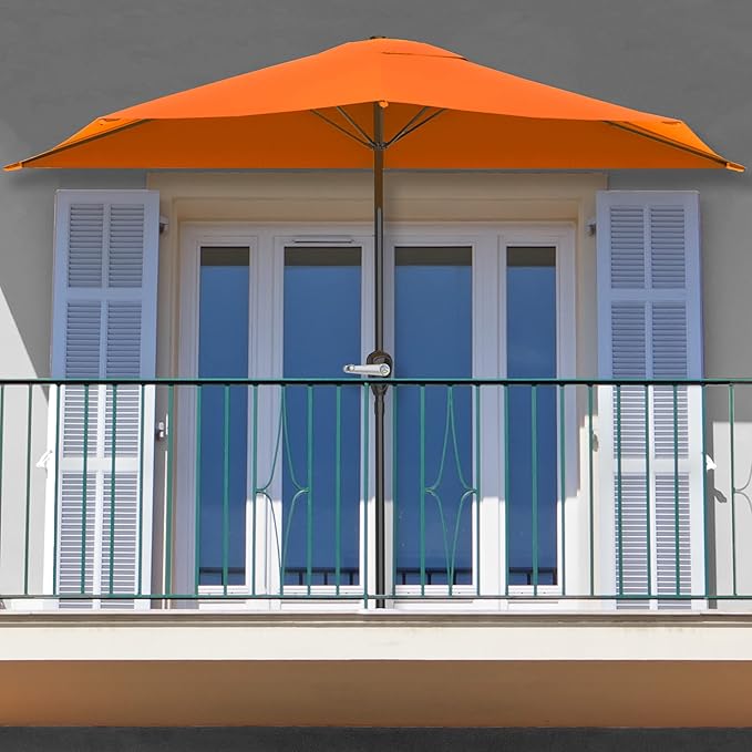 Half Umbrella Outdoor Patio Shade - 9 ft Patio Umbrella with Easy Crank and 20lb Weighted Base - Small Canopy for Balcony, Table, or Deck by Pure Garden (Terracotta)