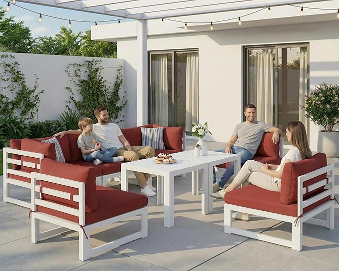 NICESOUL 6 Person Modern Aluminum Outdoor Patio Furniture Set, 29" Wide Deep Seating, Fade & Water Resistant L Shaped Modular Sectional Couch, Large Comfy Conversation Set for Backyard Terrace, Red
