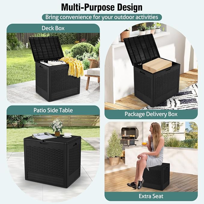 Giantex 25 Gallon Outdoor Storage Box, PP Deck Container with Rattan Patterns & Lockable Lid, All-Weather Patio Plastic Storage Bin for Package Delivery, Garden Tools, Patio Cushions (Black)