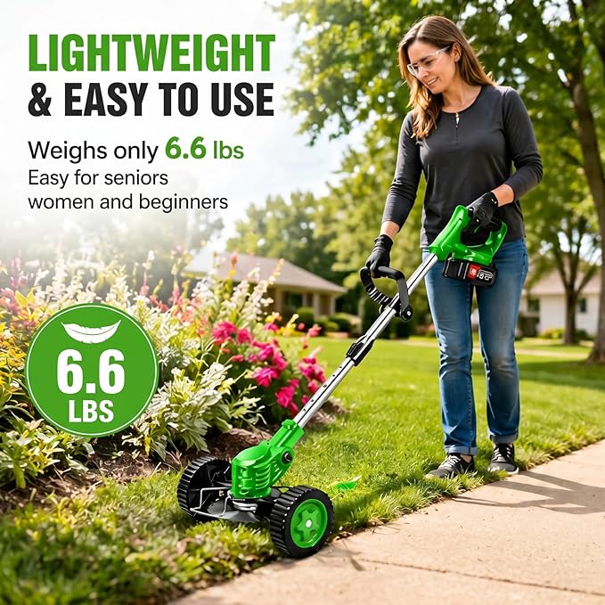 Cordless Weed Wacker with 2 Batteries, Lightweight 21V Weed Trimmer with Wheels, Electric Grass Trimmer, Adjustable Shaft Lawn Tool for Small Yard Tight Spaces