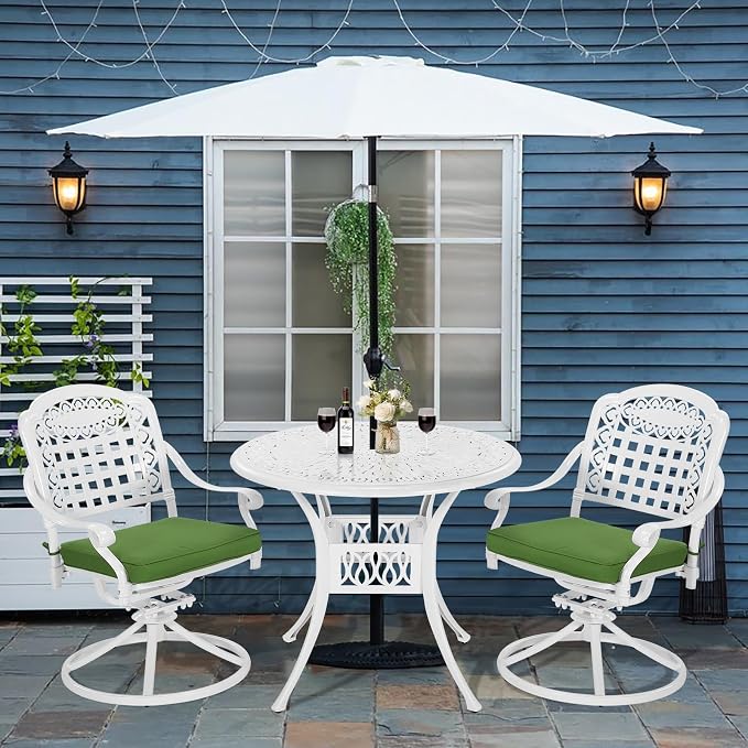 VIVIJASON 3-Piece Patio Bistro Set, Outdoor All-Weather Cast Aluminum Furniture Dining Set, Include 2 Swivel Rocker Chairs and 35.4" Round Table w/Umbrella Hole for Balcony, Lawn, Garden, White