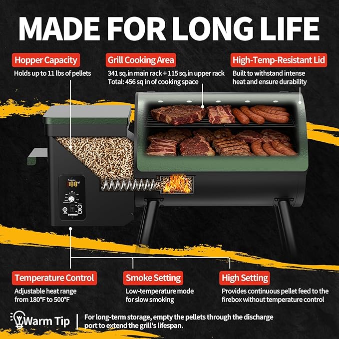 DAMNISS Electric Wood Pellet Smoker Grill 8 In 1 BBQ Grills for Outdoor Grill with Auto Feed & PID Temperature Control (180-450°F) and Rain Cover 456 Sq.In Cook Area for Backyard New House Gifts