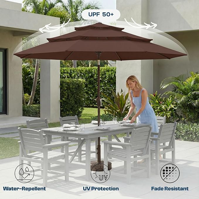 10ft Patio Umbrella, 3 Tier Outdoor Market Table Umbrellas with 8 Fiberglass Ribs and Push Button Tilt, Windproof, Vented Canopy, UV Protection for Deck, Pool, Backyard