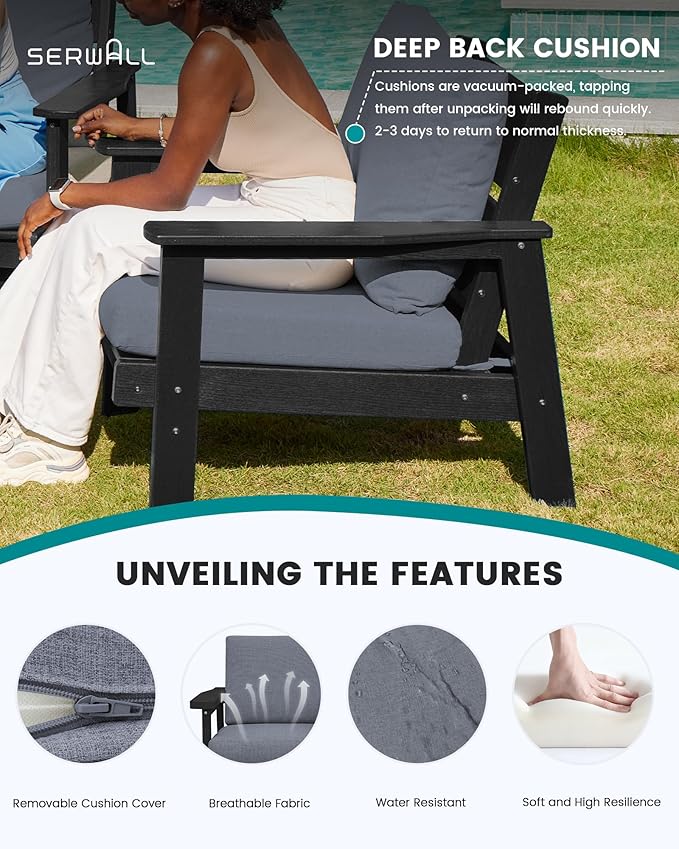 SERWALL HDPE Patio Furniture Set, 5 Piece All Weather Wood-Like Sectional Outdoor Furniture Set for Deck, Lawn, Black Patio Sofa Couch with Grey Cushions