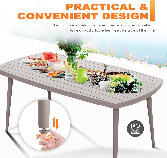 NUU GARDEN Outdoor Dining Table with 1.97" Umbrella Hole, All Weather Metal Outdoor Patio Table, 6-Person Aluminum Slat Rectangle Dining Table, Bistro Table for Garden, Backyard, Beige