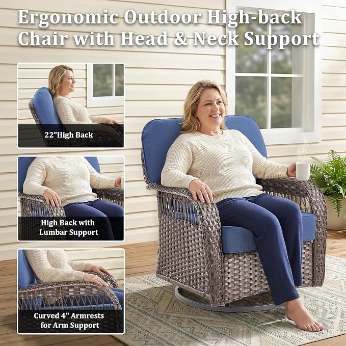 2 PCS Patio Swivel Rocking Chairs, Outdoor Wicker Furniture Set with 5-Inch Thick Olefin Cushions, 360° Swivel Rocker Patio Chairs for Garden, Porch, Backyard, Blue/Brown Wicker