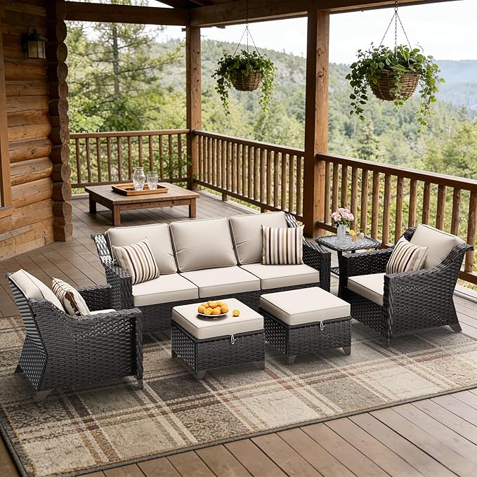 6 Pieces Patio Conversation Furniture Set - 1 Sofa, 2 Armchairs, 2 Ottomans, 1 Side Table, Outdoor Wicker Furniture with Removable Cushions for Porch, Balcony, Sunroom (Beige)