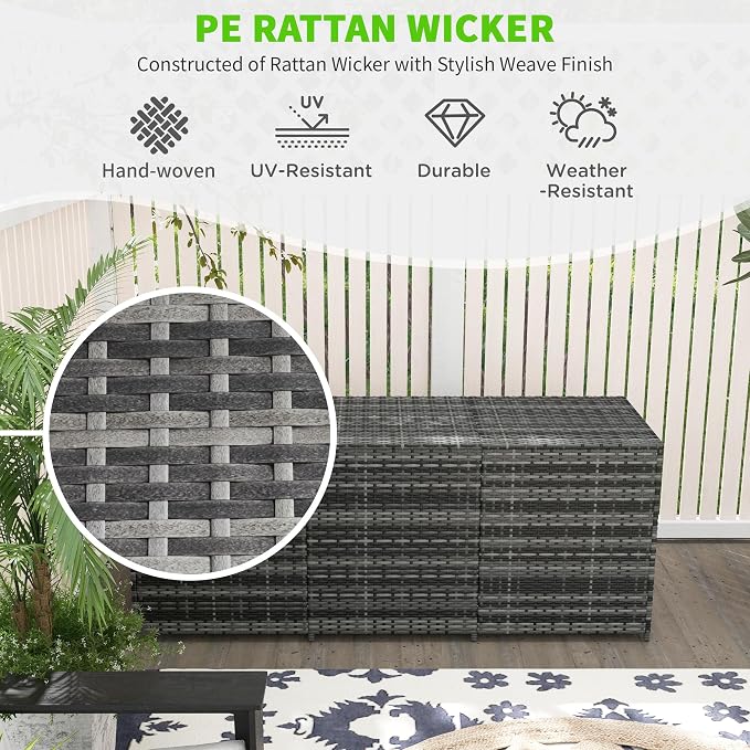 175 Gallon Outdoor Storage Box with Inner Liner, PE Rattan Wicker Deck Box with Bar Lift for Indoor Outdoor, Patio Furniture Cushions, Pool Toys, Garden Tools, Mixed Gray