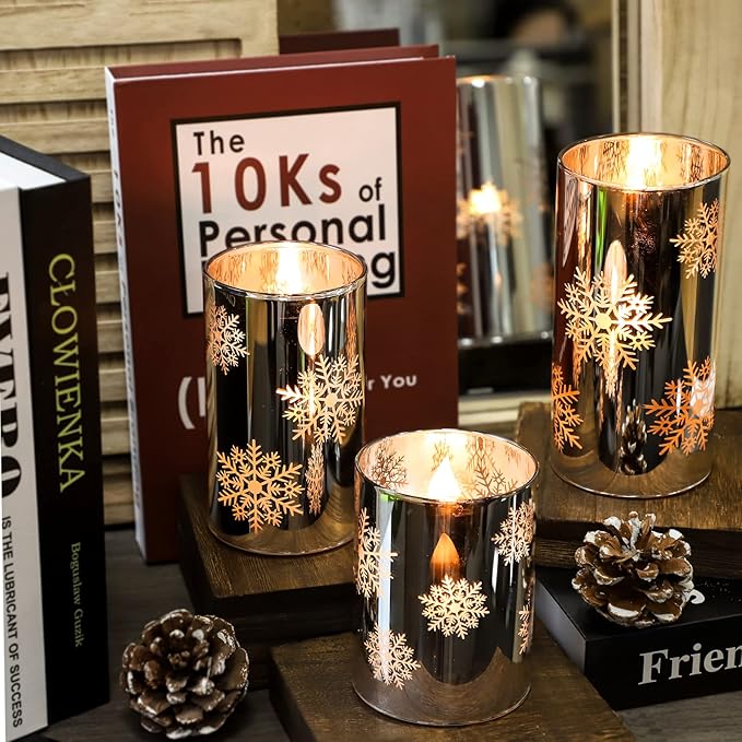 Snowflake LED Flameless Candles with Remote and Timer, Electroplate Glass Candles Operated by Battery, Christmas LED Flickering Candles Decoration for Bedroom, Party, Wedding