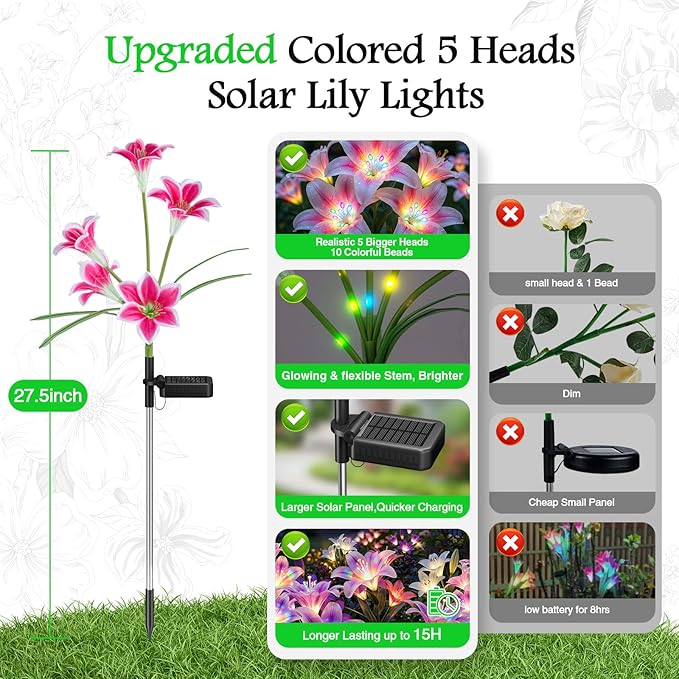WdtPro Solar Lights Outdoor Garden Decor, 6 Pack Solar Flowers with 30-Head Colorful Lily Lights & Glowing Stems, Brighter Waterproof Decorative Garden Lights for Yard, Patio, Flower Bed, Unique Gifts