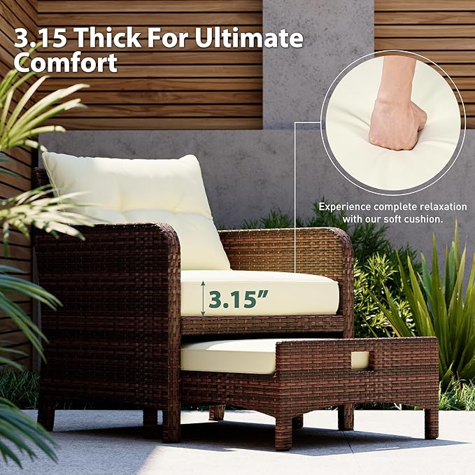 5 Piece Patio Furniture Set, All-Weather Patio Furniture with Soft Cushions, PE Wicker Patio Sofa Set with Coffee Table and Ottoman, for Outdoor, Porch, and Balcony (Beige-Brown)
