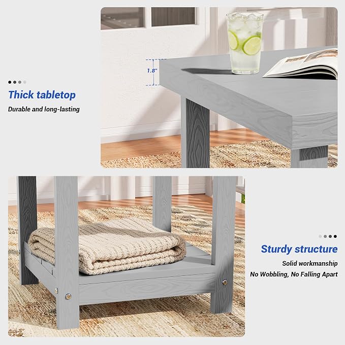 2-Tier HDPE Outdoor Square Side Table, Heavy-Duty Patio Side Table with Storage Shelf, Weather-Resistant Adirondack End Tables for Backyard, Pool, Porch, Garden, Lawn, Silver Grey