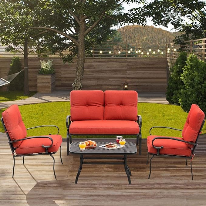 Outdoor Furniture Patio Conversation Set Loveseat, 2 Chairs, Coffee Table with Cushion, Lawn Front Porch Garden, Metal Chair Set Wrought Iron Look(Red)