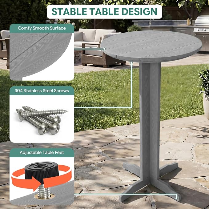 Outdoor Round Bar Table, 43 Inch All-Weather HDPE Bar Height Pub Table with Adjustable Feet, Heavy Duty High Top Bistro Table for Garden, Deck, Poolside,Backyard (Slate Grey)