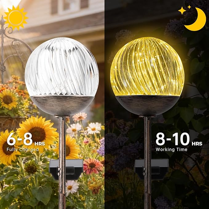 Solar Globe Stake Lights - Twinkle Effect Outdoor Acrylic Ball Garden Lights with 20 LED, IP44 Waterproof,Metal H-Shaped Ground Spike for Yard, Pathway, Patio Decor (Bronze Stake, 2 Pack)