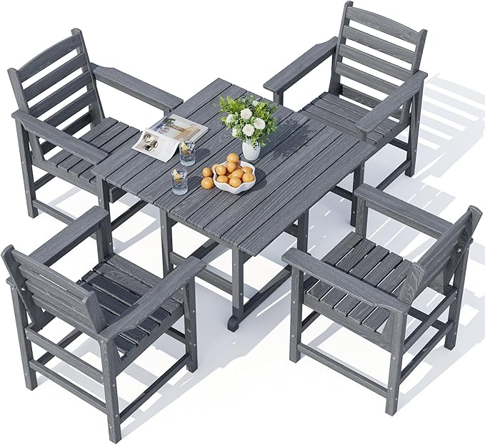 Outdoor HDPE Dining Table Set, 5-Piece All-Weather HDPE Outdoor Table and Chairs with Elegant Armrest, Wood Grain Patio Furniture Sets with Umbrella Hole for Porch, Backyard, Gray