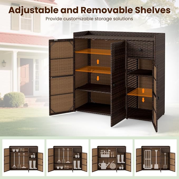 Tangkula Rattan Outdoor Storage Cabinet, Patiojoy Outdoor Cabinet with 2 Adjustable Shelves, 1 Drawer, 3 Doors, Patio Storage Deck Box Table for Patio Garden Poolside