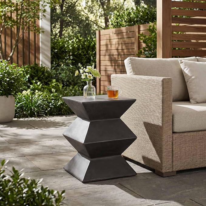 Outdoor Lightweight Concrete Side Table, MGO End Table with Geometric Pedestal Design, 15.5"x15.5"x20" Modern Patio Accent Table for Garden, Balcony, Living Room, Copper