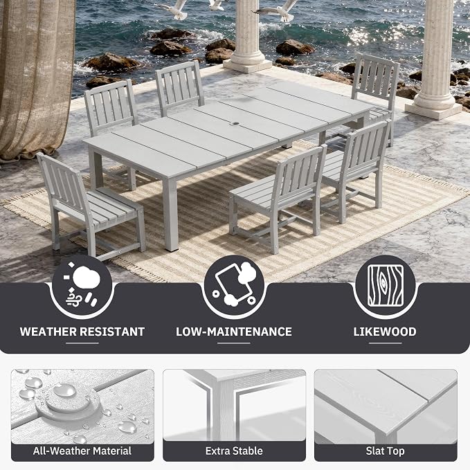 AreShark 7-Piece Outdoor Dining Set,HDPE Patio Table with 6 Armless Chairs,All-Weather Patio Furniture Set with Umbrella Hole,Low Maintenance Wood Grain Dining Set for Backyard,Garden,Poolside,Black