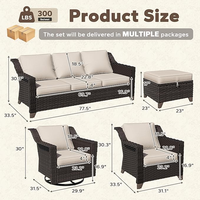 7 Pieces Patio Conversation Furniture Set - 1 Sofa, 2 Armchairs, 2 Ottomans, 2 Swivel Chairs, Outdoor Wicker Furniture with Removable Cushions for Porch, Balcony, Sunroom (Beige)