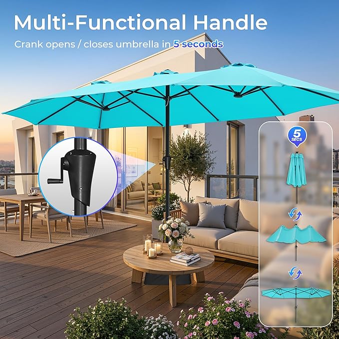 SUPERJARE 15FT Outdoor Patio Umbrella with Base Included, Double Sided Pool Umbrellas with Fade Resistant Canopy, Extra-Large Table Umbrella for Deck, Market, Backyard, Light Blue