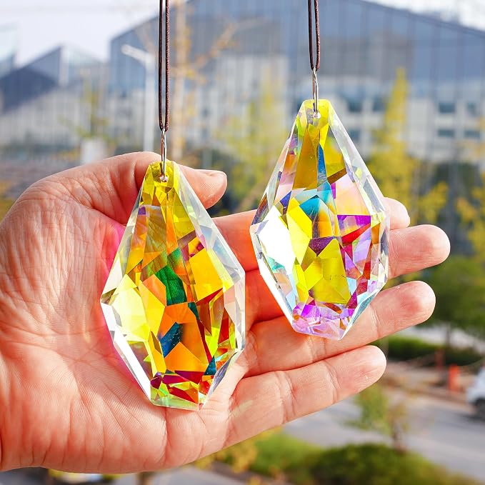 2 Pcs 3.5 Inch AB Crystal Prism Suncatcher Window Decor | AB Colored Crystal Prism Suncatcher Rainbow Maker Hanging Pendants Set of 2 for Window Garden Home Office Wedding Decor Gift