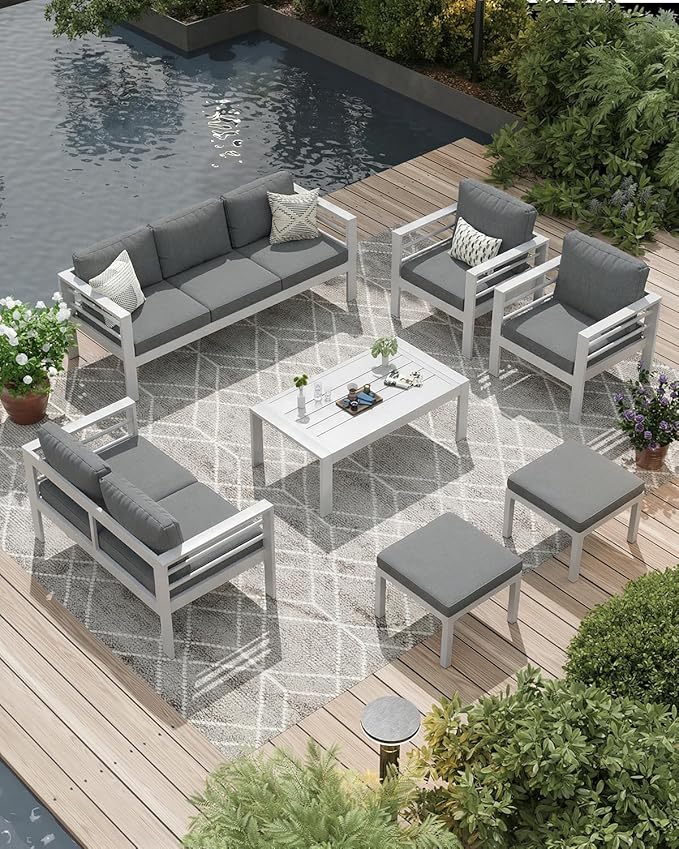 AECOJOY Aluminum Patio Furniture Set, 9 Seats Modern Outdoor Furniture with Coffee Table, 7 Pieces Metal Conversation Sectional Sofa, White Frame/Dark Gray Cushion