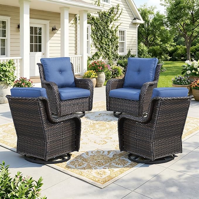 Wicker Patio Furniture Set- 4 Pieces Swivel Patio Chairs,PE Rattan Outdoor Rocking Chairs Porch Furniture for Garden Deck