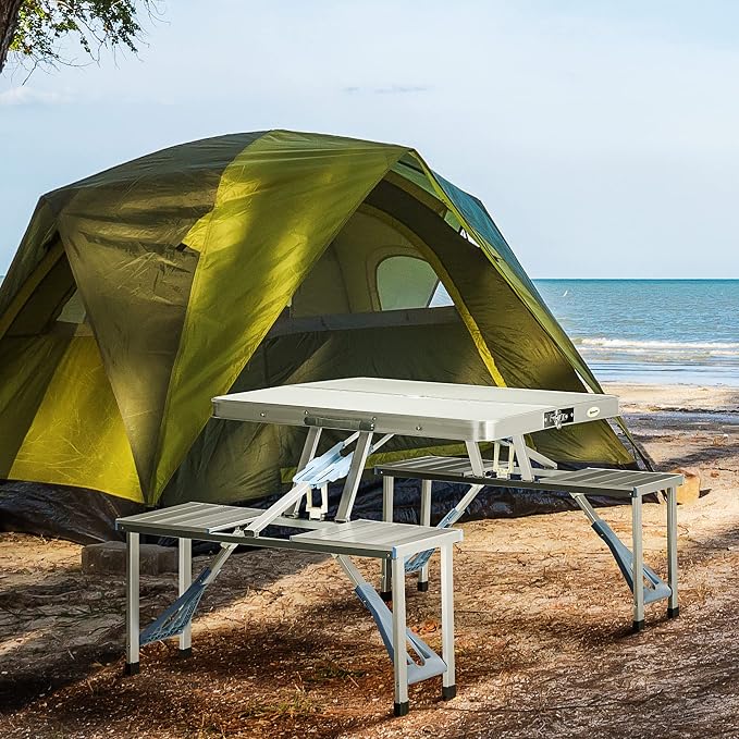 Outsunny Folding Picnic Table with Umbrella Hole, Aluminum Suitcase Portable Outdoor Table with Bench, Patio, Porch or Camping Table and Chair Set, Silver