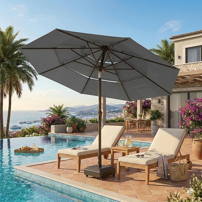 10ft Patio Umbrella, 3 Tier Outdoor Market Table Umbrellas with 8 Fiberglass Ribs and Push Button Tilt, Windproof, Vented Canopy, UV Protection for Deck, Pool, Backyard