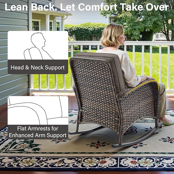 Belord Patio Rocking Chair Wicker Chair, 1 Piece Outdoor Rocking Chair Seating with Cushions for Porch Deck Balcony, Brown/Gray
