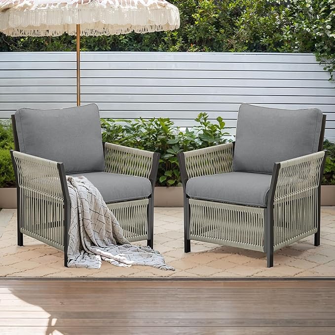 Outdoor Patio Chairs Set of 2, Handmade Rattan Wicker Chairs, PE Patio Furniture Set with Chic Minimalist Style for Garden, Porch, Backyard(Grey)