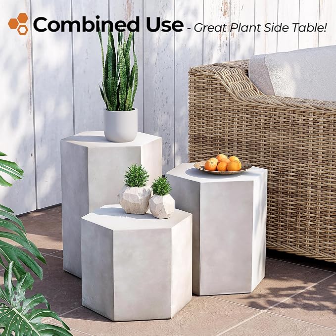 HOMPUS Concrete Side Table, Hexagon Outdoor Side Table, Modular Design Accent Table, Indoor Patio End Tables, Light Grey Home Décor for Living Room, Bedroom or Backyard (14.5" L x 12.5" W x16 H)