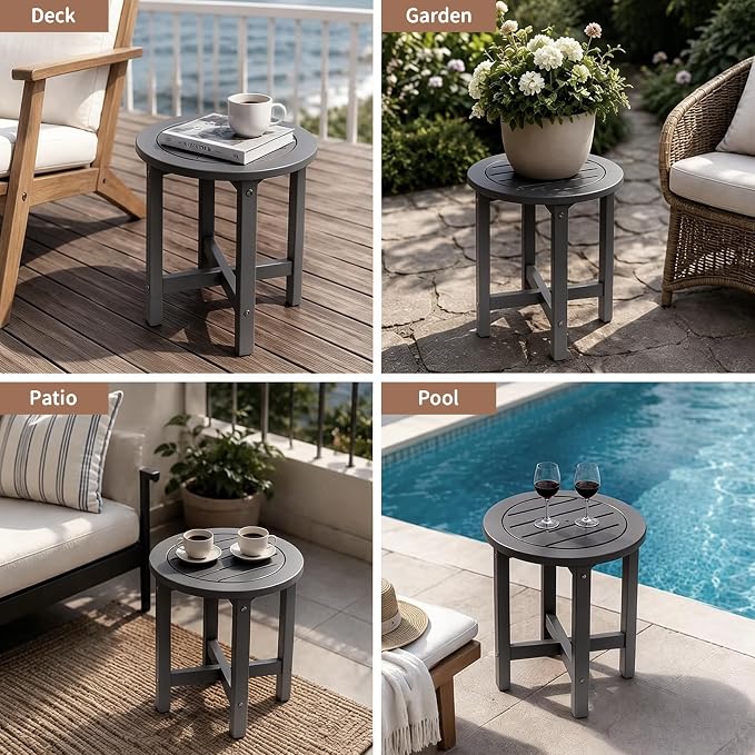Small Outdoor Side Table 15.94" HDPE Round Adirondack End Table | Storage Shelf, Plant Stand, Weather Resistant, Easy to Clean & Use, Not prone to fading, for Patio, Backyard, Deck, Gray