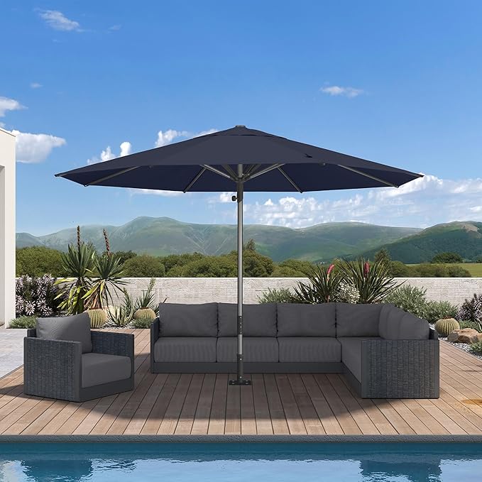 PURPLE LEAF 13 FT Commercial Round Patio Market Table Sun Umbrella Semi Auto Open All Weather Maximum Coverage for Hotel Resort Cafe Restaurant Garden Business Use Navy Blue