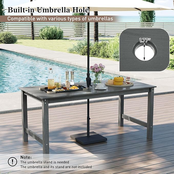 Tangkula HDPE Outdoor Dining Table for 6 Person, 67” Patio Table with Wood-Like Tabletop and Umbrella Hole, Weather-Resistant Rectangle Table for Garden, Backyard and Poolside (Gray, 1 Table)