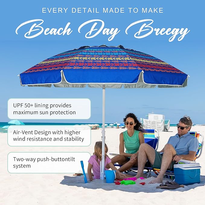 AMMSUN 8 Feet Large Beach Umbrella with Sand Anchor Heavy Duty High Wind Portable Outdoor Umbrellas UV 50+ Protection Air Vent Tilt Patio Garden Pool