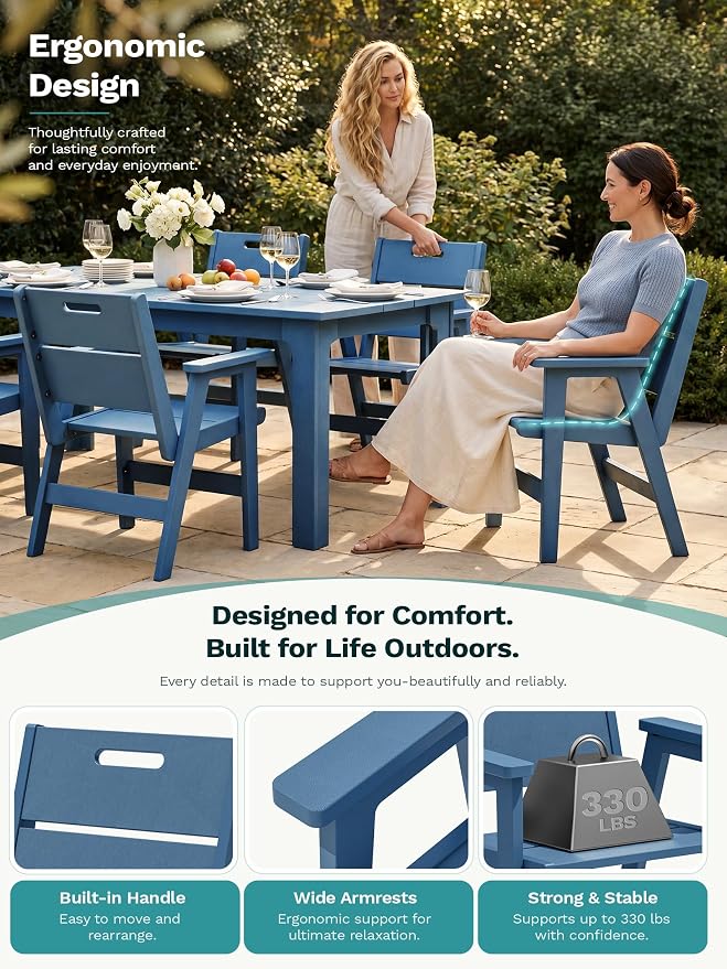 SERWALL 76" HDPE Outdoor Dining Set, 10 Pieces Patio Furniture with Rectangular Table, 8 Chairs & 1 Umbrella (Base Not Included), All-Weather Outdoor Dining Set for Backyard Deck Balcony, Blue