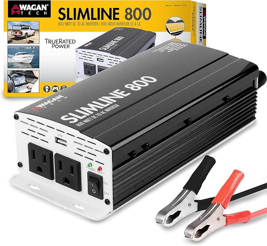 Wagan EL3718 800W Slim Line AC to DC Power Inverter 800W TrueRated Continuous 1600W Surge Power DC 12V to AC 110V Power Inverter with 2 AC Outlets and 2A USB Charging Port