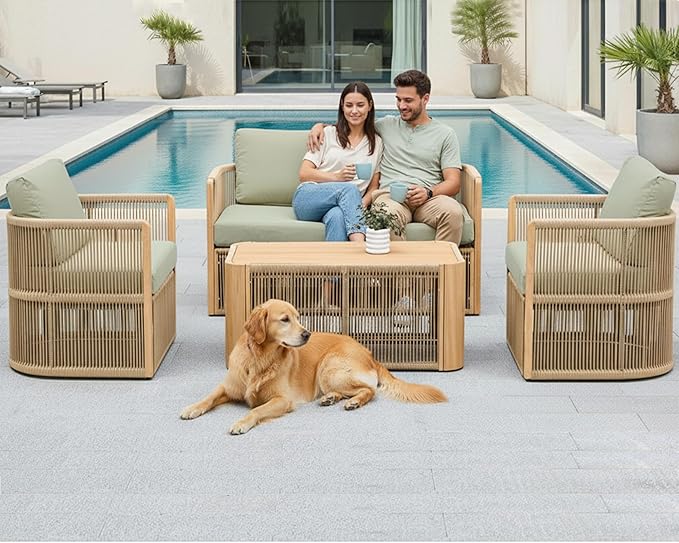 4 Piece Patio Furniture Set, Aluminum Patio Conversation Set, Rope Rattan Patio Sectional Sofa, All Weather Outdoor Sofa Couch with Coffee Table and Cushions for Lawn/Backyard/Deck, Green