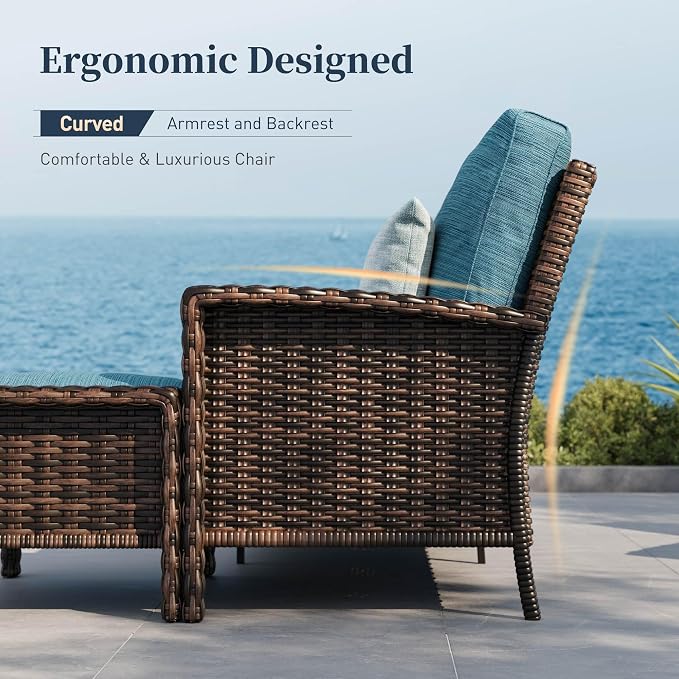 Patio Furniture Set with Swivel Chairs, High Back Wicker Rattan Furniture with 5.5" Thick Cushions & Fire Pit Table, All Weather Outdoor Conversation Set for Backyard Deck, 4 Seats, Blue