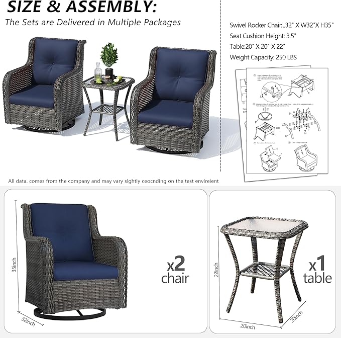 Outdoor 360 Degree Swivel Rocker Patio Chairs Sets of 2 and Matching Side Table - 3 Piece Patio Wicker Glider Chairs with Olefin Cushions(Mixed Grey/Blue)