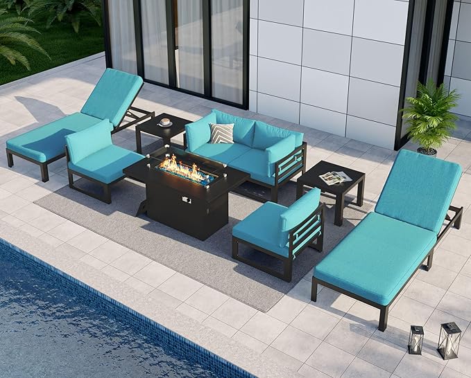 NICESOUL 9 Pcs Extra Large Contemporary Aluminum Outdoor Furniture Set with Chaise Lounge & Fire Pit Table, 29" Deep Wide Couch Set, 500 lbs Heavy Duty Comfy Patio Sectional Sofa for Poolside, Teal