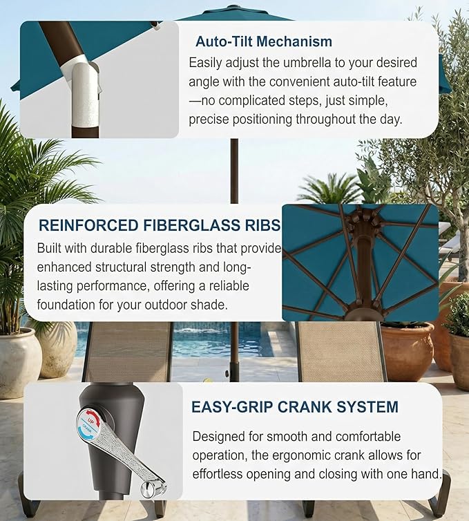 PatioKingdom Auto-Tilt 9FT Patio Umbrella Outdoor with 8 Sturdy Fiberglass Ribs,Market Table Umbrella for Pool,Backyard,Deck and Garden