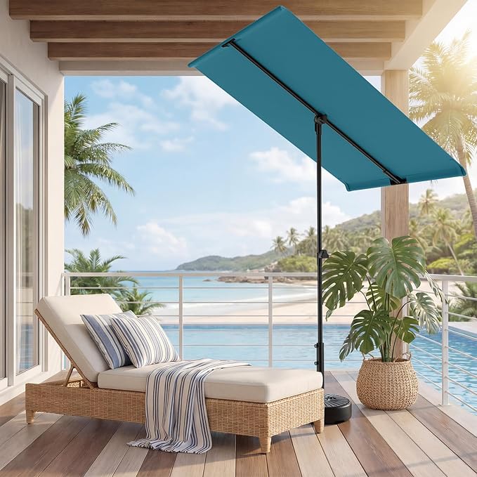 HOMSHADE 6x4ft Outdoor Balcony Umbrella - Flat Porch Pool Patio Umbrella Rectangular Canopy Shade UPF50+ UV Protection 360° Rotating & Tilting All Angles Applicable (Light Blue, No Base)