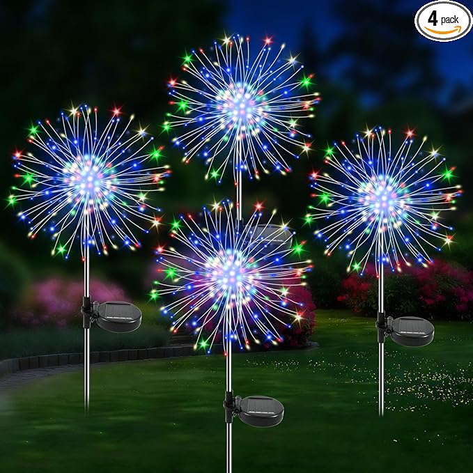Solar Garden Lights Outdoor, 4 Pack 120 LED Twinkling Firework Lights Decorative with 2 Modes, Outdoor Waterproof Solar Starburst Light for Yard Pathway Planter Patio Decor, Multicolor