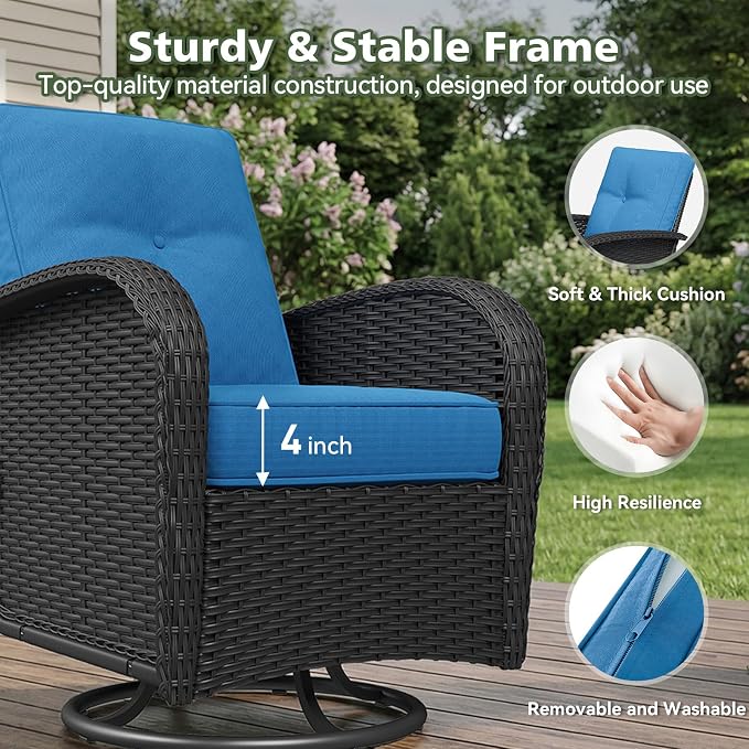 Aoxun 11 Piece Outdoor Patio Furniture Set with 44'' Fire Pit Table, Wicker Rattan Outdoor Furniture with High Back Swivel Rocker Chairs, Outdoor Sofa Set with Thick Cushion & Side Table, Peacock Blue