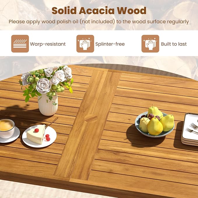 Tangkula 3 Pieces Patio Dining Table Set, 63” Rectangle Acacia Wood Table with Umbrella Hole and 2 Backless Bench with Metal Frame, Outdoor Dinette Furniture for Garden Yard